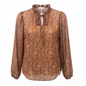 Brown Paisley Tie-Neck Blouse • Sheer Sleeve Top • Lightweight Elegant Shirt
